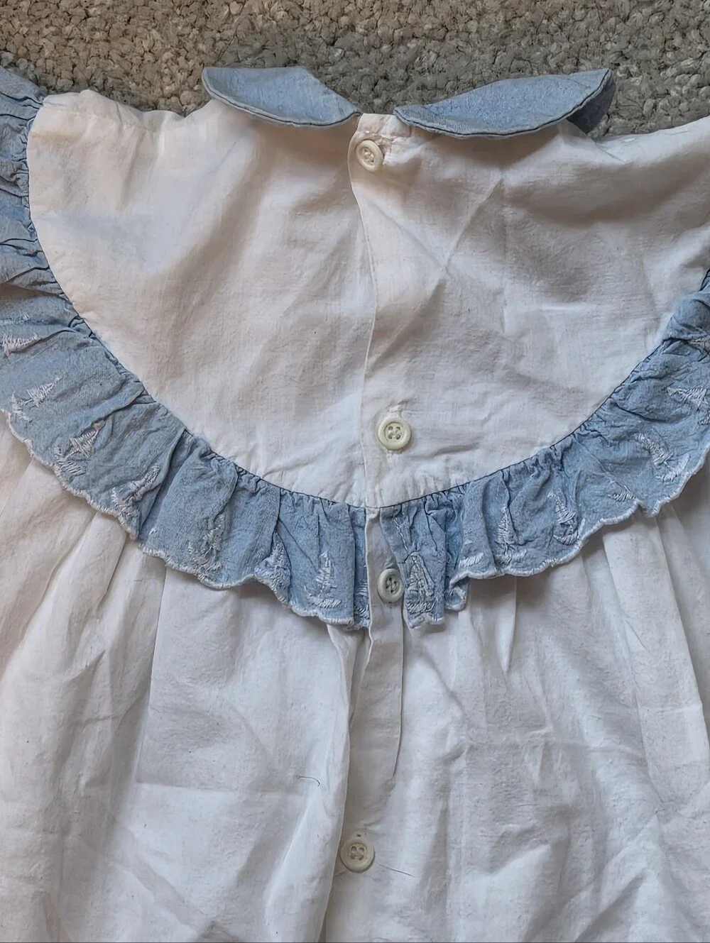 90s Vintage Guess by Marciano White Bubble Romper with Light Blue Ruffle Collar